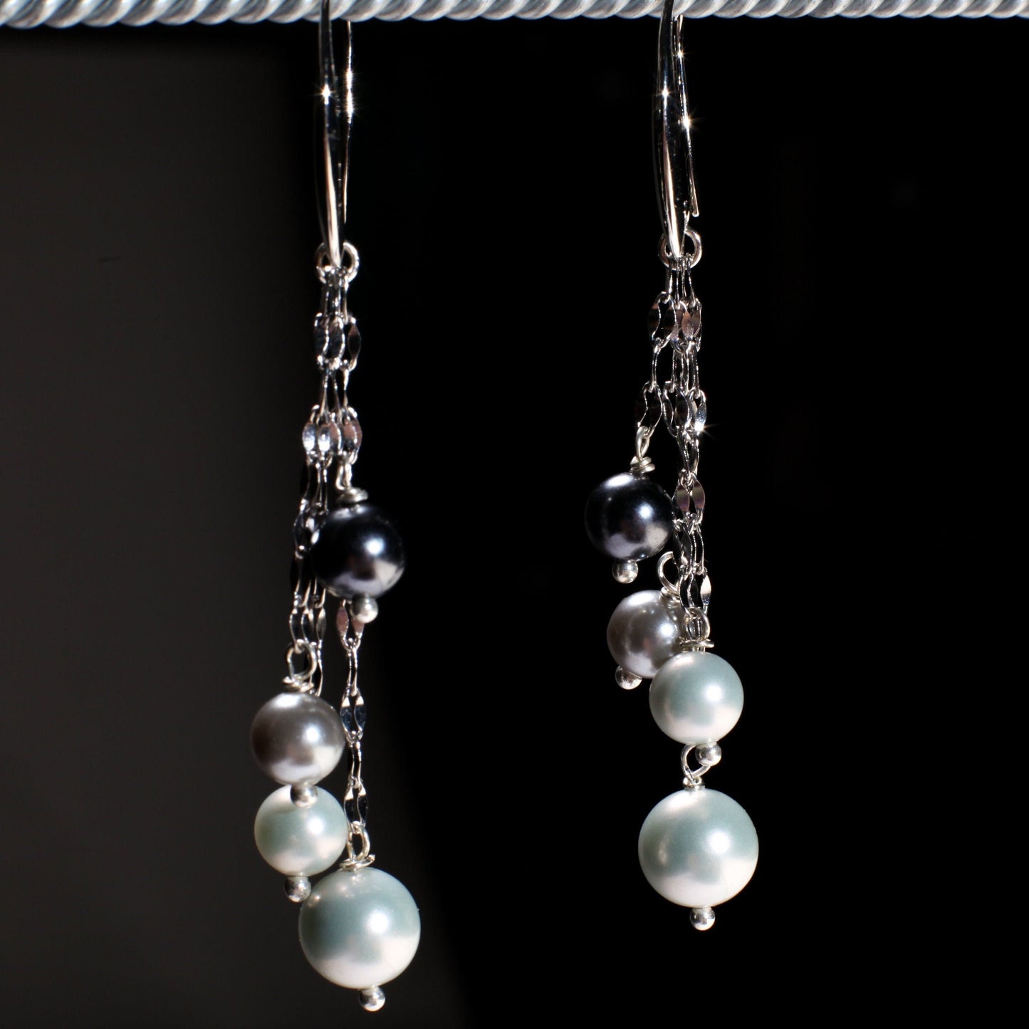 South Seashell Pearl Grey, Silver, Black, Tri color Dangling Rhodium Earrings, Bridal, Boho, Handmade Elegant Gift for Her