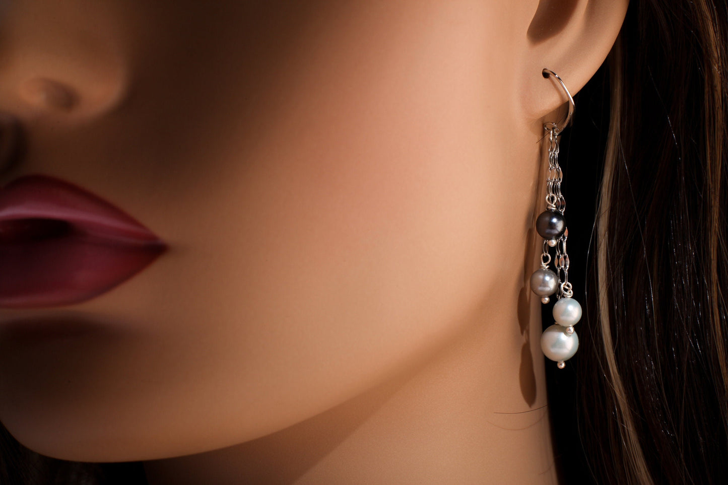 South Seashell Pearl Grey, Silver, Black, Tri color Dangling Rhodium Earrings, Bridal, Boho, Handmade Elegant Gift for Her