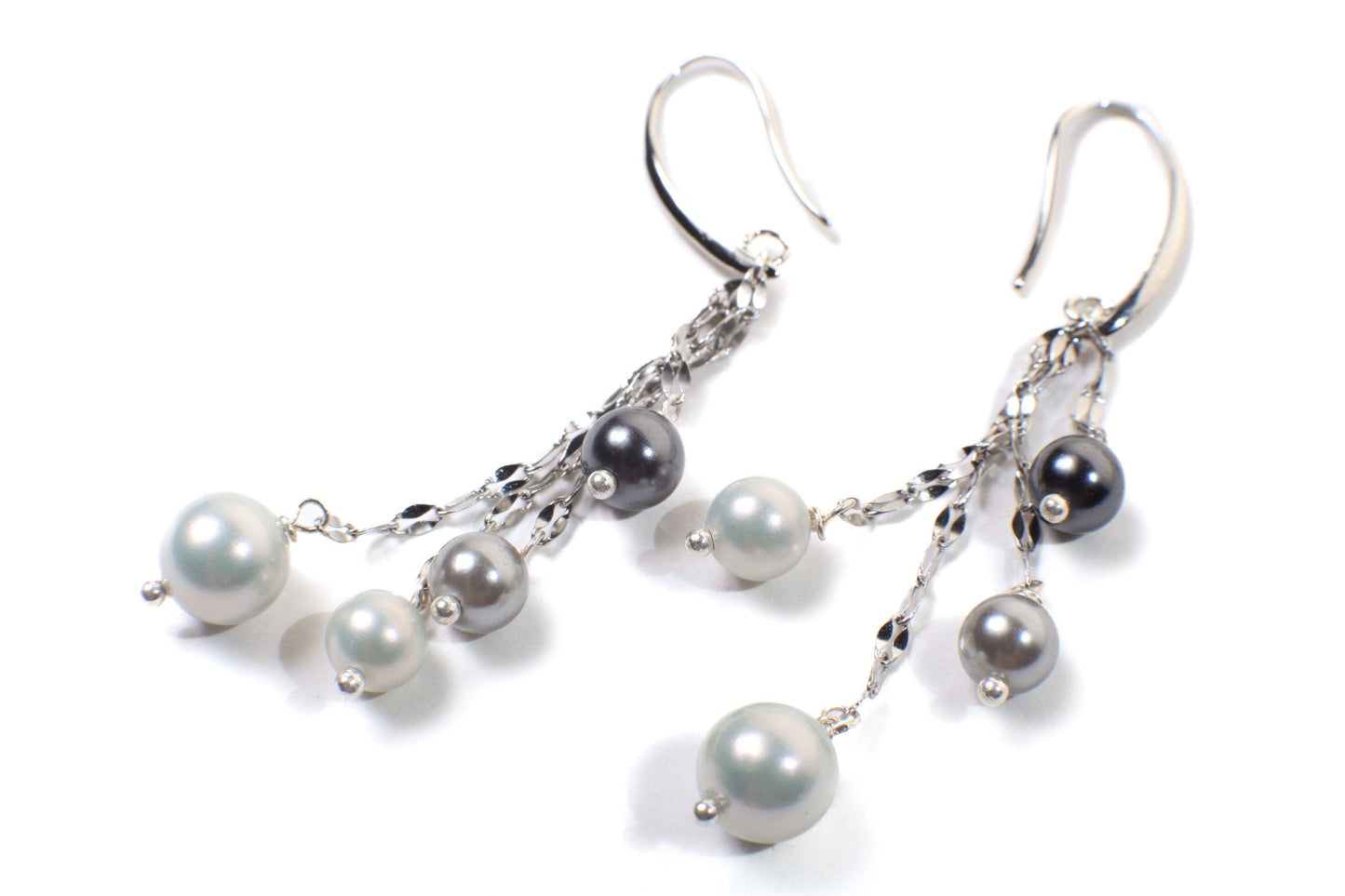 South Seashell Pearl Grey, Silver, Black, Tri color Dangling Rhodium Earrings, Bridal, Boho, Handmade Elegant Gift for Her