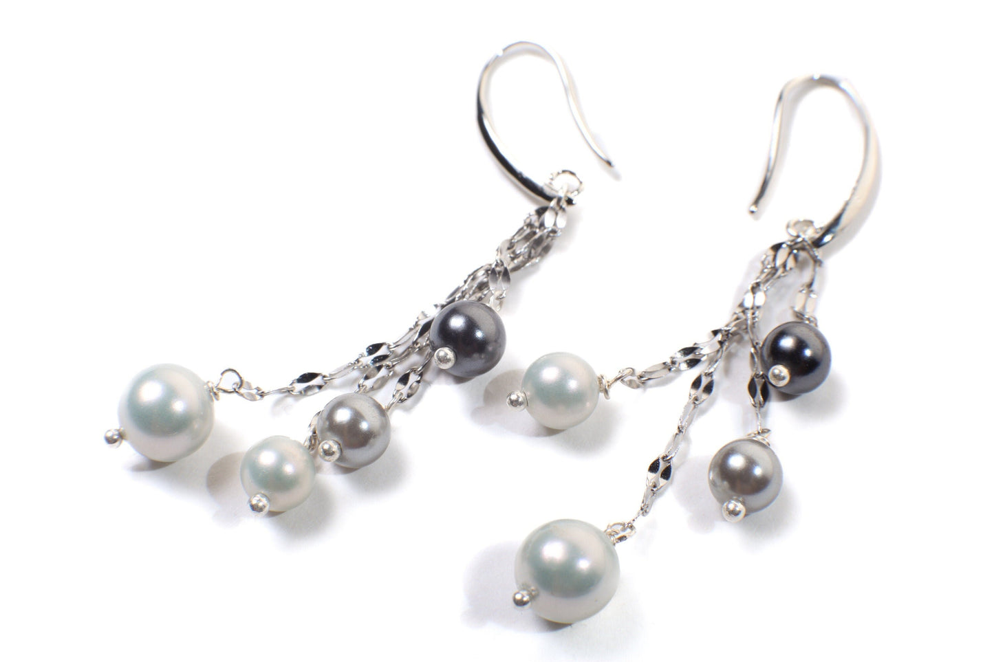 South Seashell Pearl Grey, Silver, Black, Tri color Dangling Rhodium Earrings, Bridal, Boho, Handmade Elegant Gift for Her