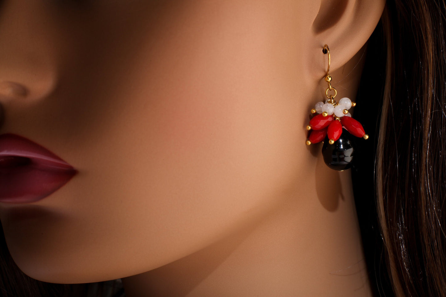 Moonstone and Bamboo Coral Dangling with Black south seashell Baroque Pearl Gold Earrings, Bridal, Boho, Handmade Gift for Her