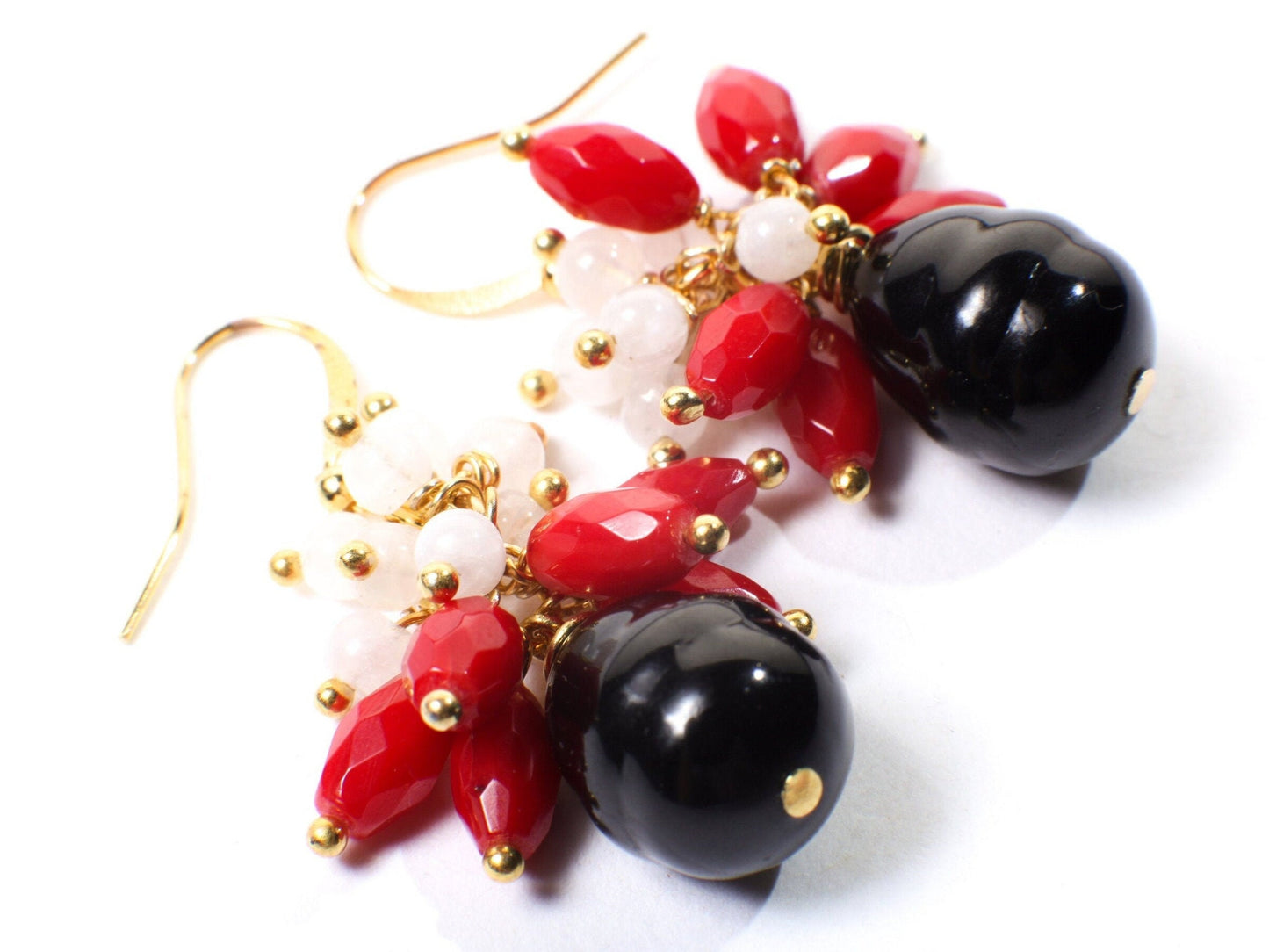 Moonstone and Bamboo Coral Dangling with Black south seashell Baroque Pearl Gold Earrings, Bridal, Boho, Handmade Gift for Her