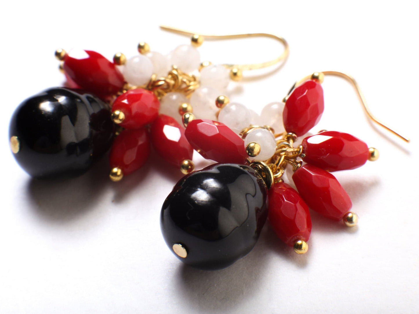 Moonstone and Bamboo Coral Dangling with Black south seashell Baroque Pearl Gold Earrings, Bridal, Boho, Handmade Gift for Her