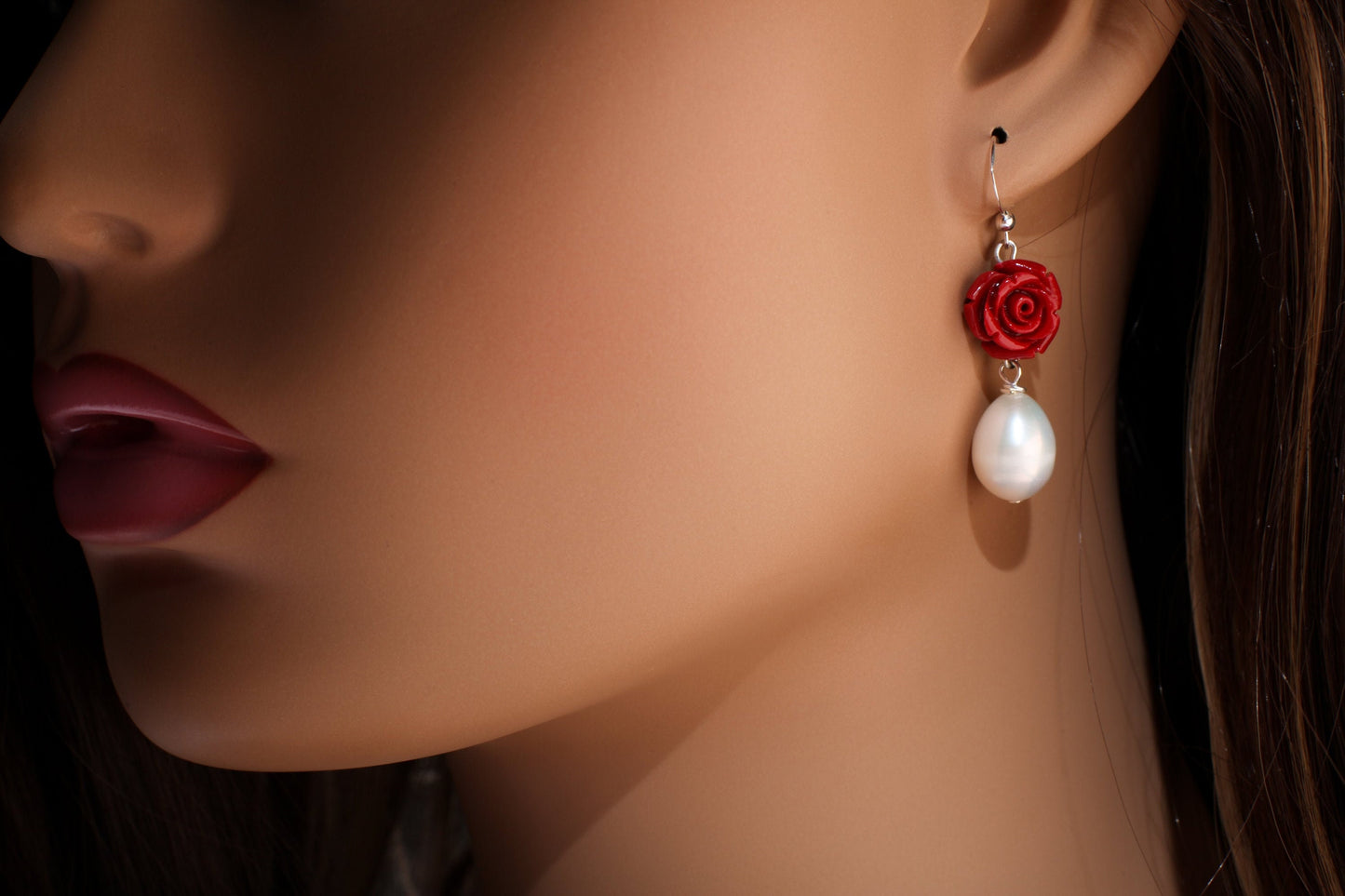 Freshwater Dangling Baroque Pearl with Red Rose Flower bead in 925 Sterling Silver Earwire, Bridal, Boho, Handmade Gift