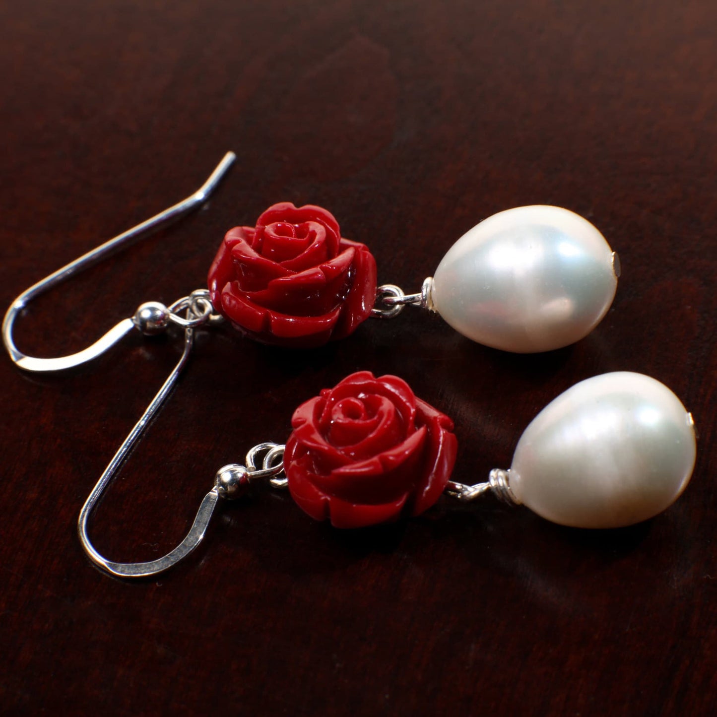 Freshwater Dangling Baroque Pearl with Red Rose Flower bead in 925 Sterling Silver Earwire, Bridal, Boho, Handmade Gift