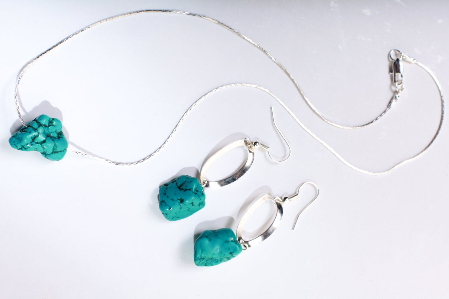 Natural Raw Turquoise Nugget Earring and Necklace Set in 16" Silver Filled Beading Chain and Ear wire Jewelry Set with 2" Extension Chain