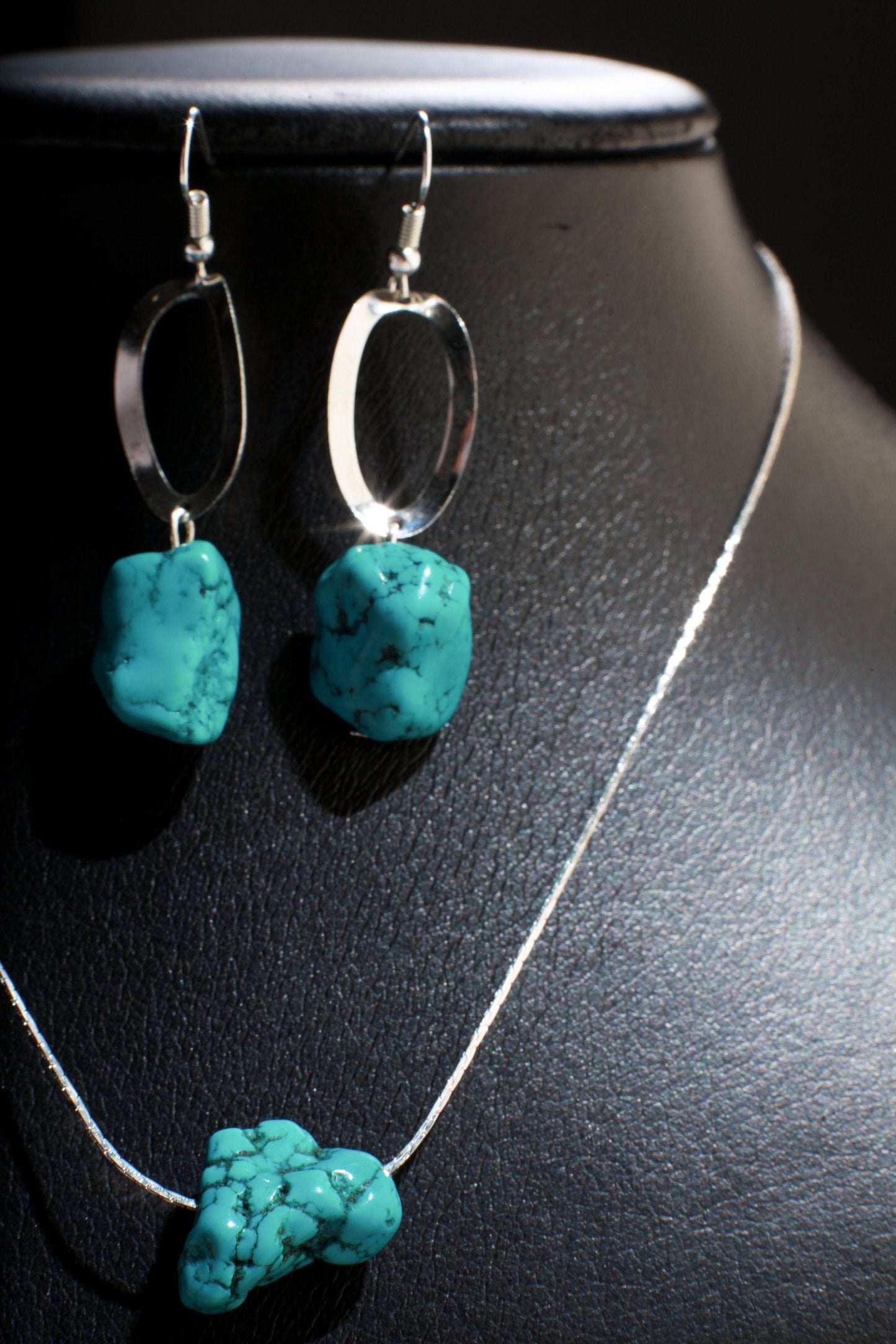 Natural Raw Turquoise Nugget Earring and Necklace Set in 16" Silver Filled Beading Chain and Ear wire Jewelry Set with 2" Extension Chain