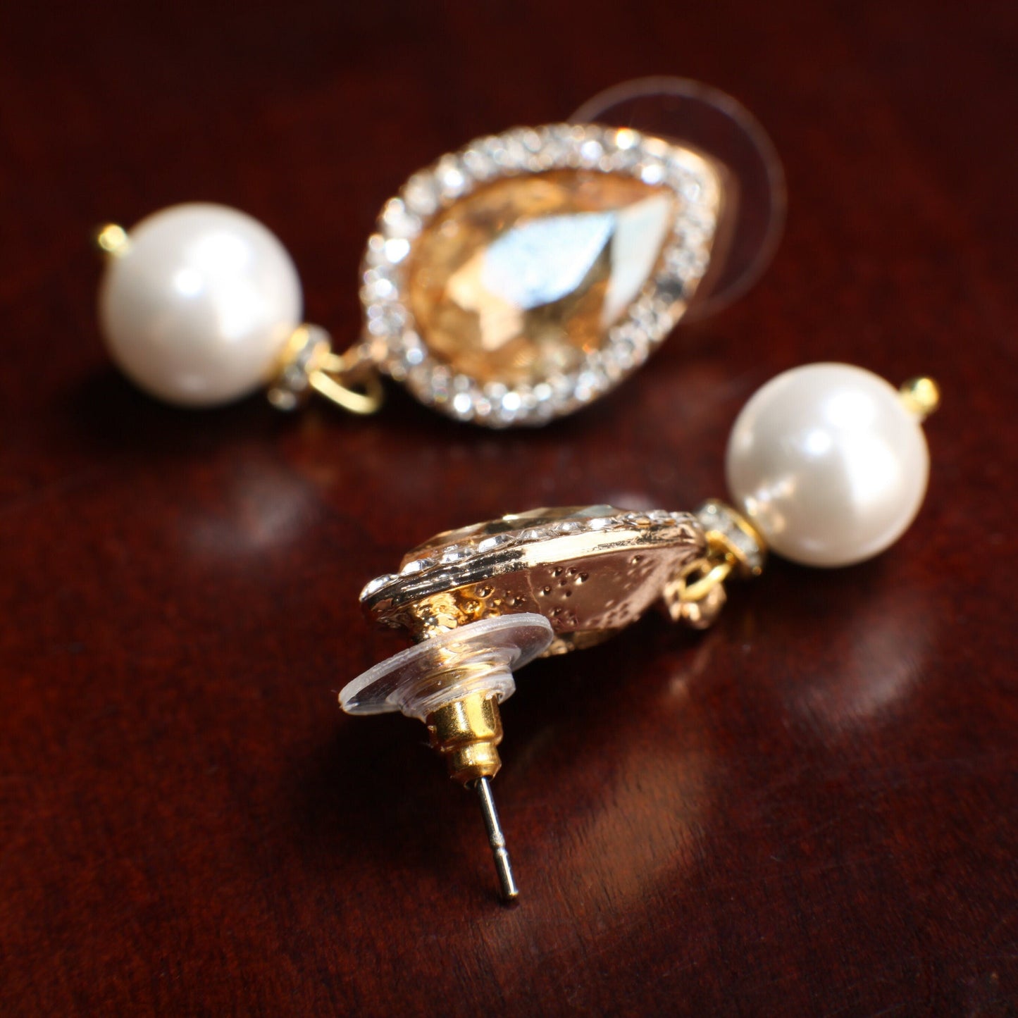 Yellow Topaz CZ crystal Dangling South Seashell pearl Pendant,Matching Crystal Wire Wrapped Necklace, Matching Pearl Earrings Set 18"+2"ext