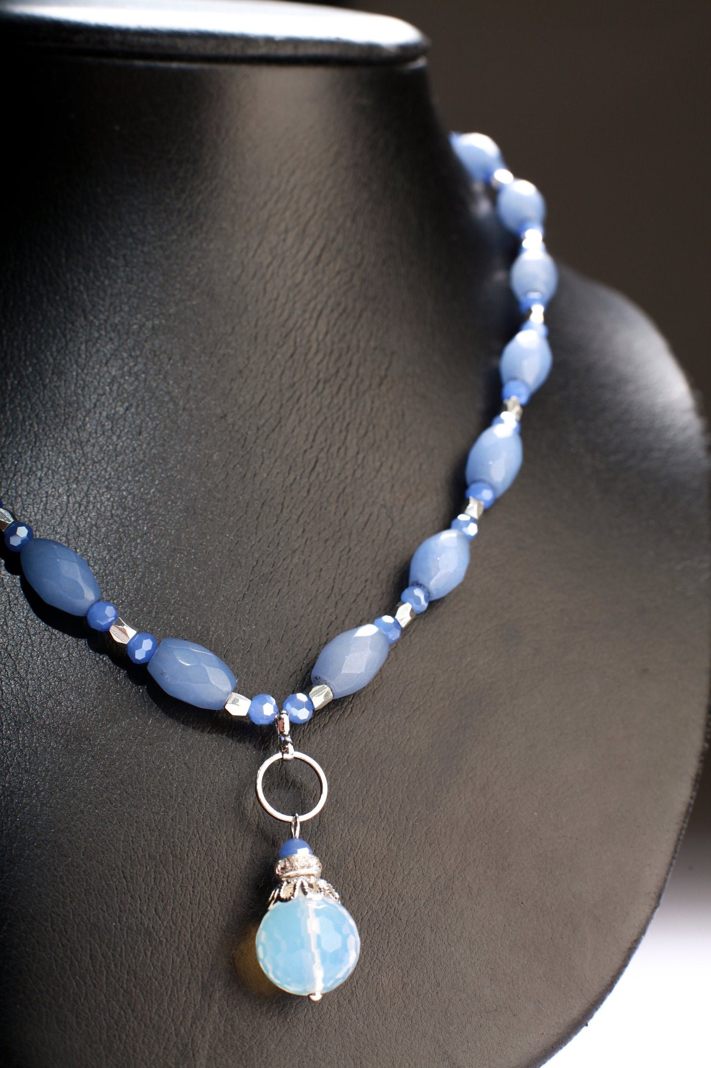 Blue Quartz Faceted Oval accent with Stunning Opalite pendant 18" Gemstones Necklace