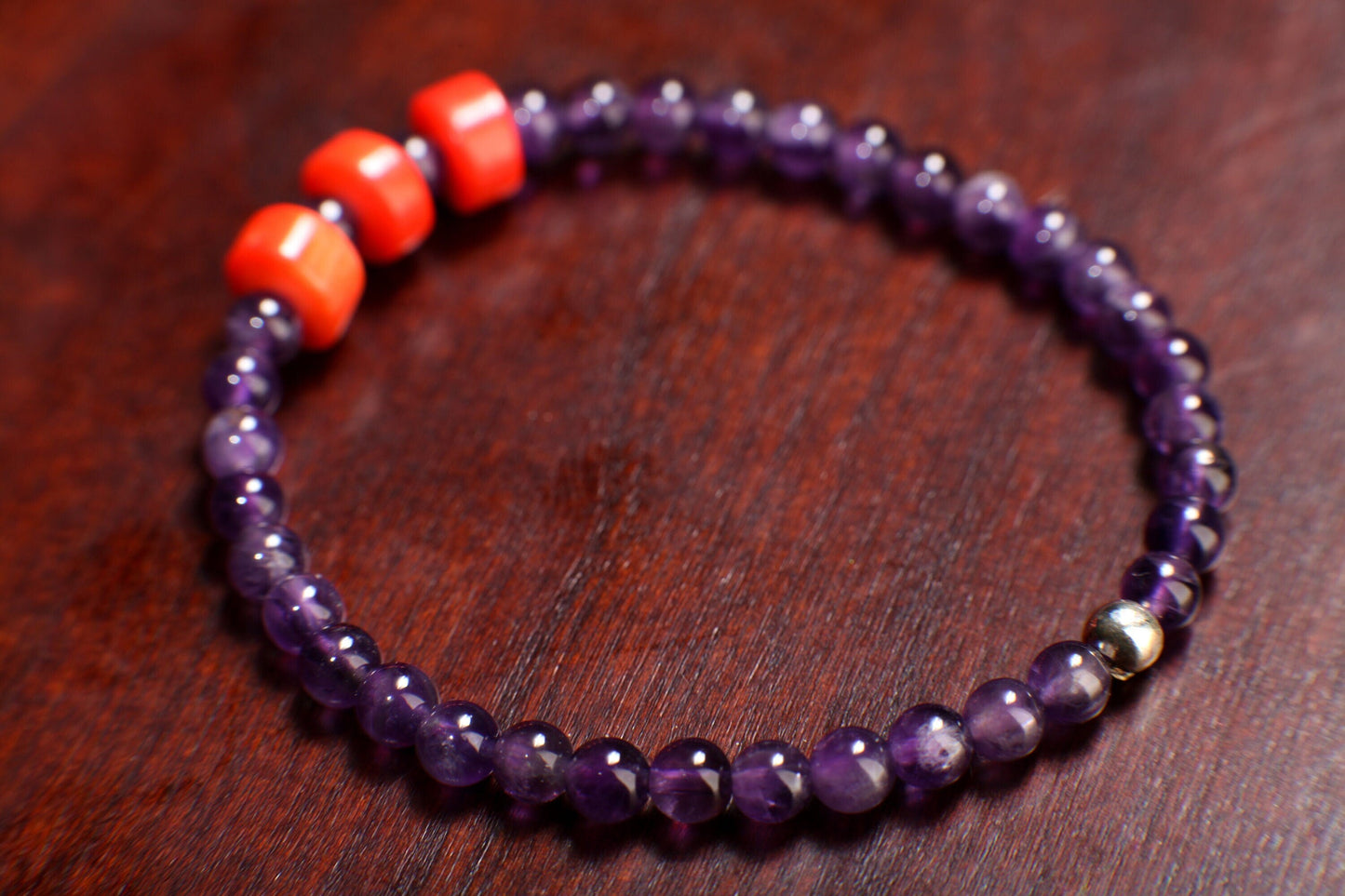 Natural Amethyst Round 4mm with Coral Heishe 8mm Gemstone Bracelet, healing Crystal yoga Energy Stretchy Soothing Bracelet Gift
