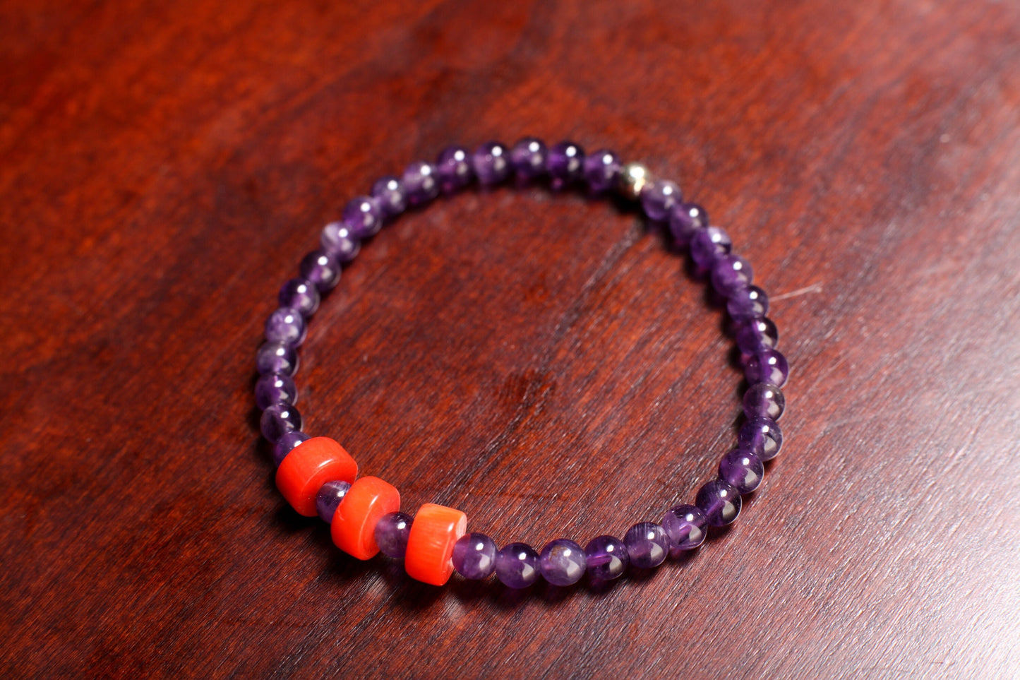 Natural Amethyst Round 4mm with Coral Heishe 8mm Gemstone Bracelet, healing Crystal yoga Energy Stretchy Soothing Bracelet Gift
