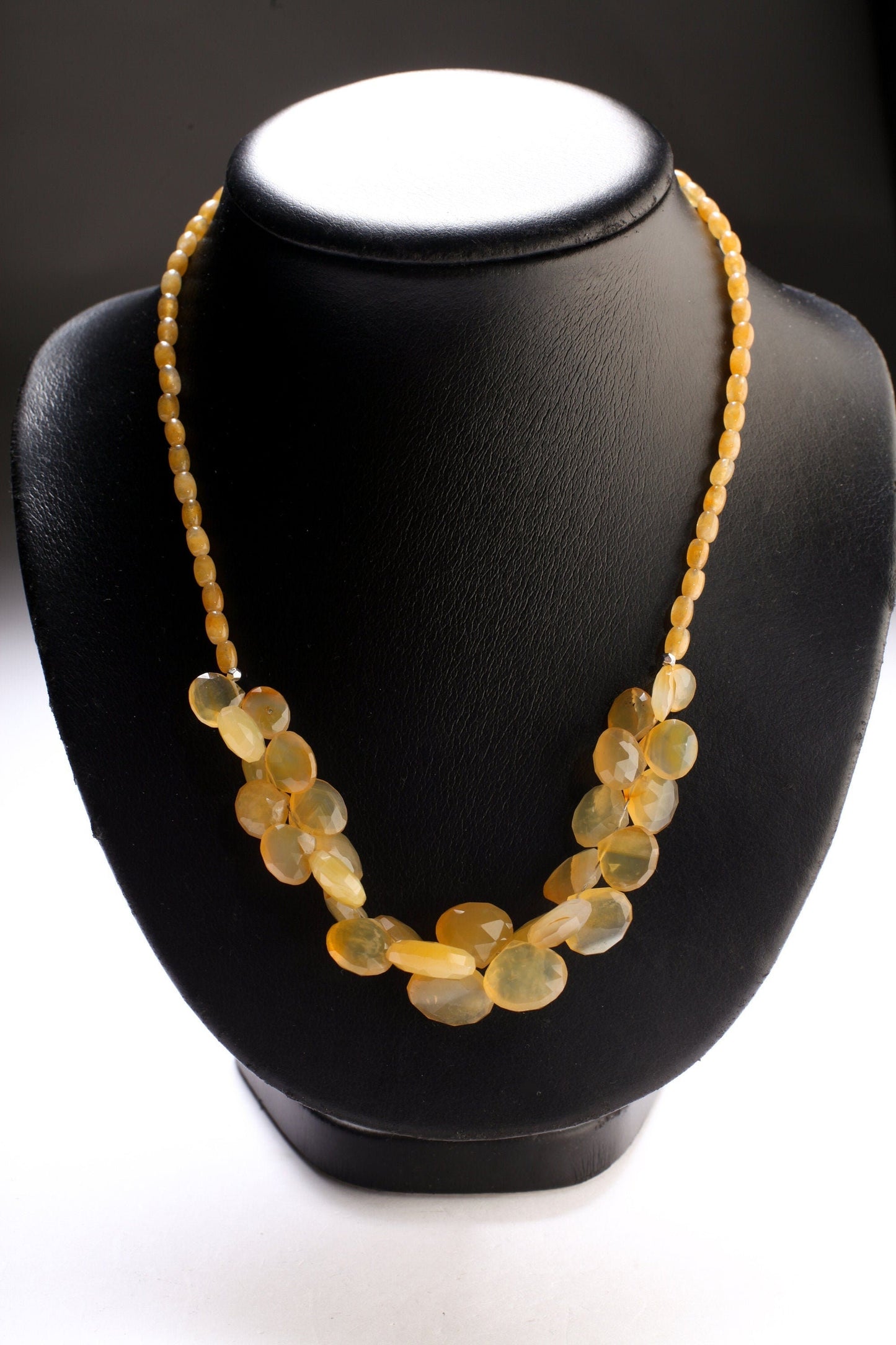 Yellow Chalcedony Necklace, Natural Yellow Chalcedony Faceted Graduated Heart Briolette Teardrop, Matching Ambronite Rice Oval 20" Necklace