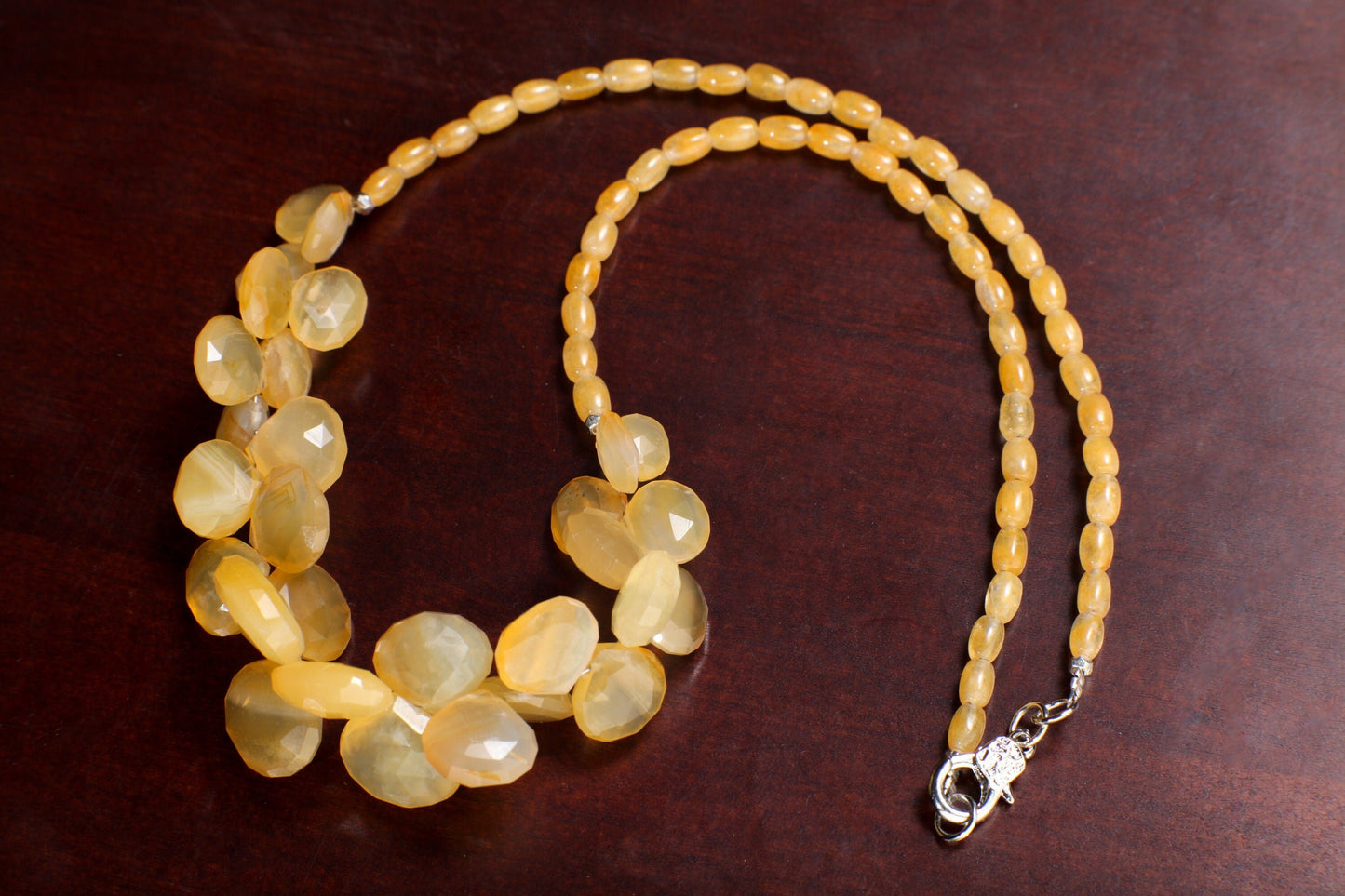 Yellow Chalcedony Necklace, Natural Yellow Chalcedony Faceted Graduated Heart Briolette Teardrop, Matching Ambronite Rice Oval 20" Necklace