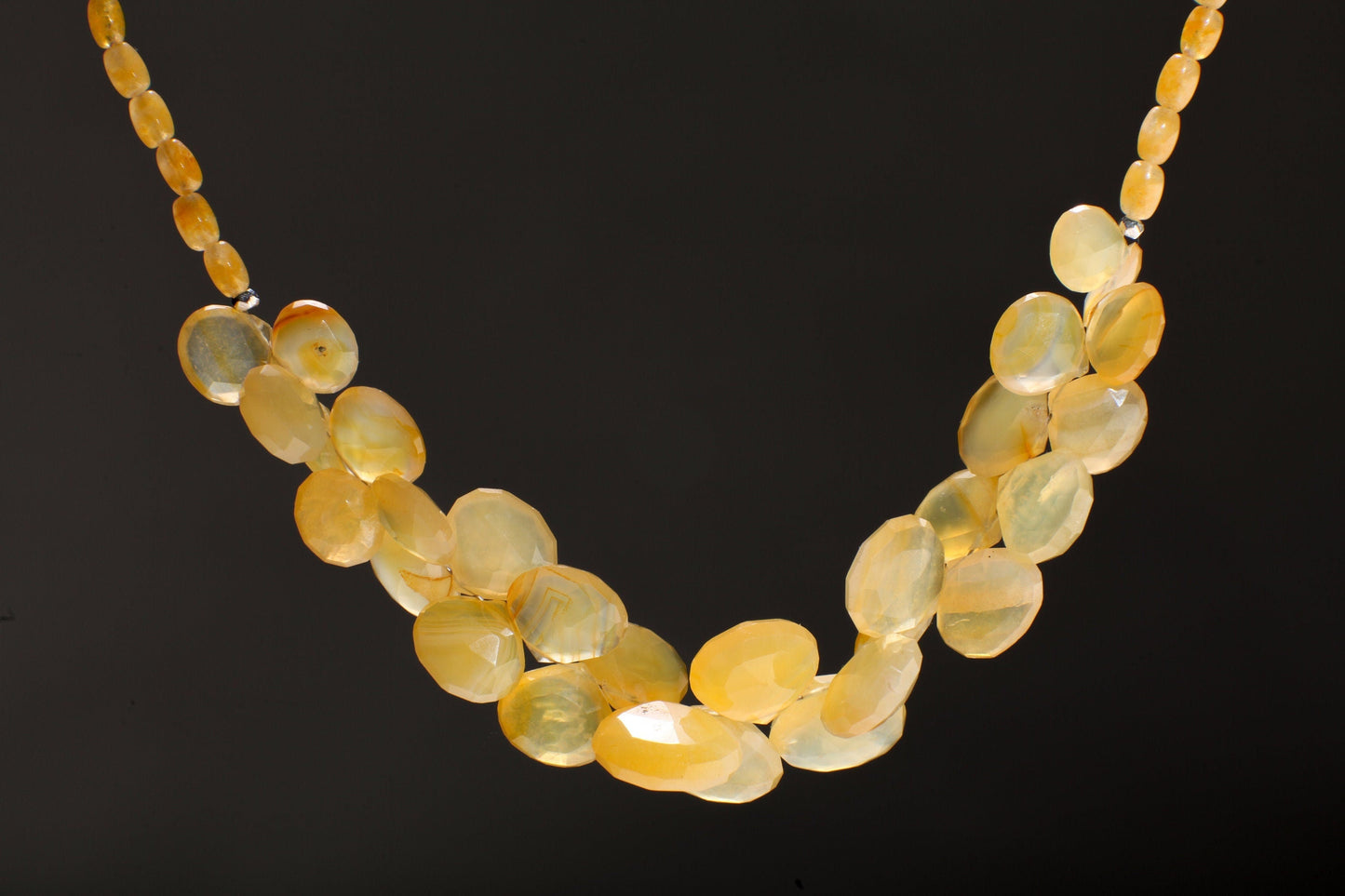 Yellow Chalcedony Necklace, Natural Yellow Chalcedony Faceted Graduated Heart Briolette Teardrop, Matching Ambronite Rice Oval 20" Necklace