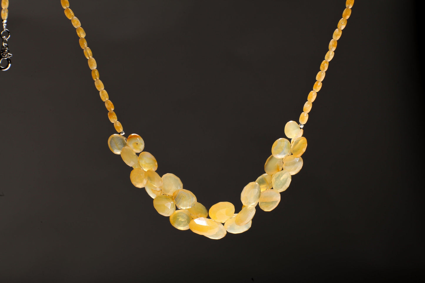 Yellow Chalcedony Necklace, Natural Yellow Chalcedony Faceted Graduated Heart Briolette Teardrop, Matching Ambronite Rice Oval 20" Necklace