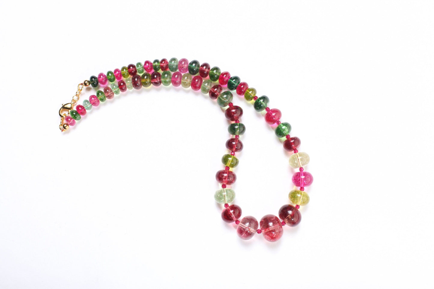 Natural Rock Crystal Graduated Necklace, Multi Color Crystal Quartz 8-17mm Rondell with Faceted Pink Spinel Accent Spacer Beads 19" Necklace