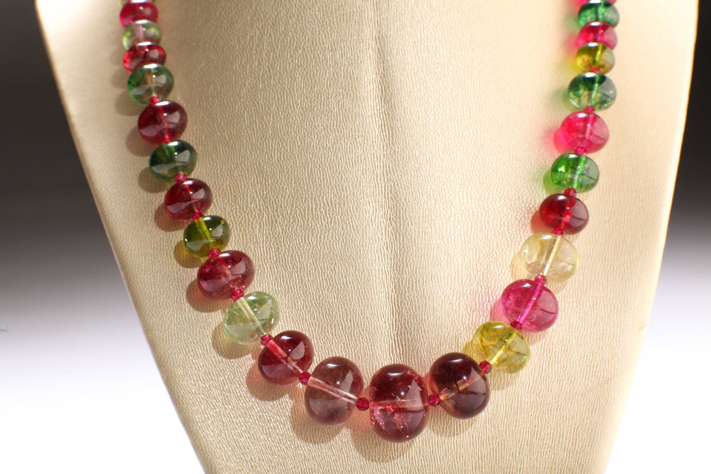 Natural Rock Crystal Graduated Necklace, Multi Color Crystal Quartz 8-17mm Rondell with Faceted Pink Spinel Accent Spacer Beads 19" Necklace