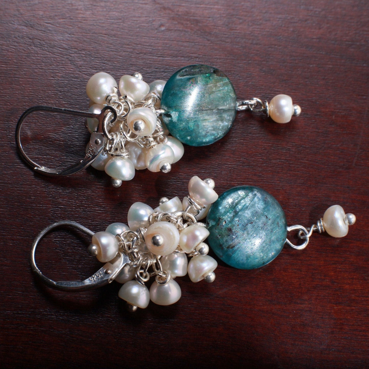 Natural Kyanite Coin Shape Dangling with Natural Fresh Water Pearl Clusters in .925 Sterling Silver Leverback Earring.