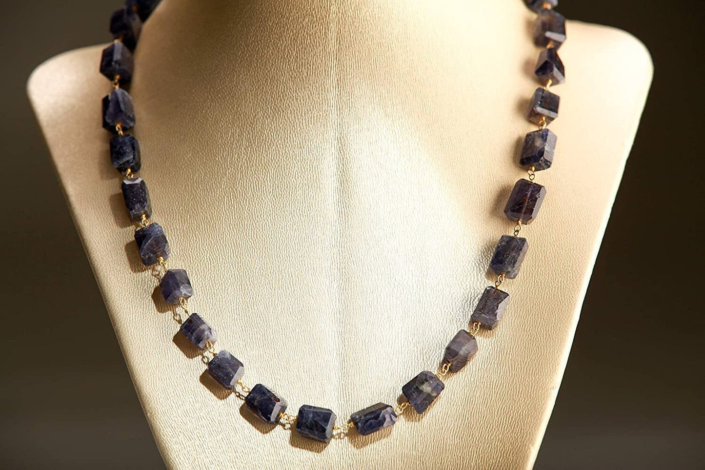 Genuine Iolite Free Form Raw Faceted Rectangular Pillars Wire Wrapped Necklace with Strong Magnetic Gold Ball Clasp 18"