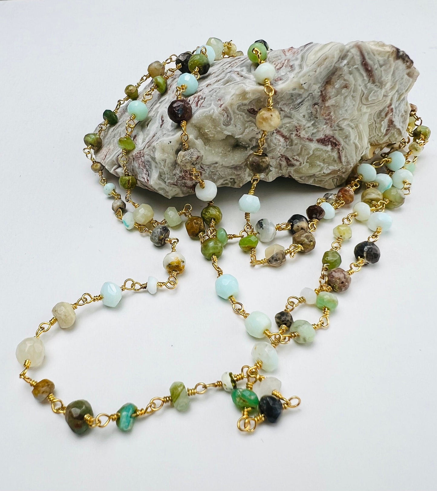 Peruvian Opal 4mm Faceted Rondelle Wire Wrapped Rosary Chain gold Necklace, choker, layering , Holiday Gift, 14"- 30". Very beautiful