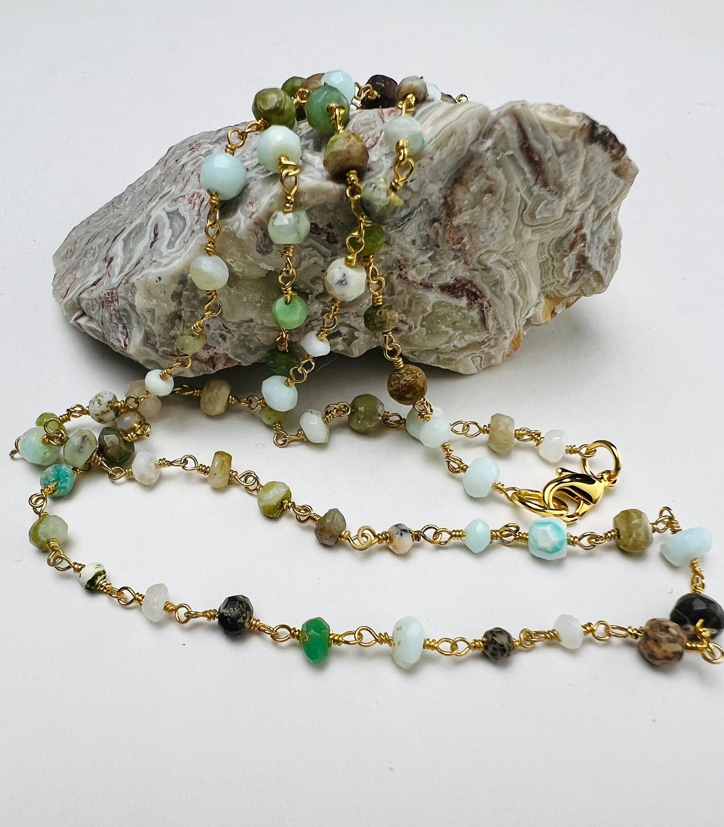 Peruvian Opal 4mm Faceted Rondelle Wire Wrapped Rosary Chain gold Necklace, choker, layering , Holiday Gift, 14"- 30". Very beautiful