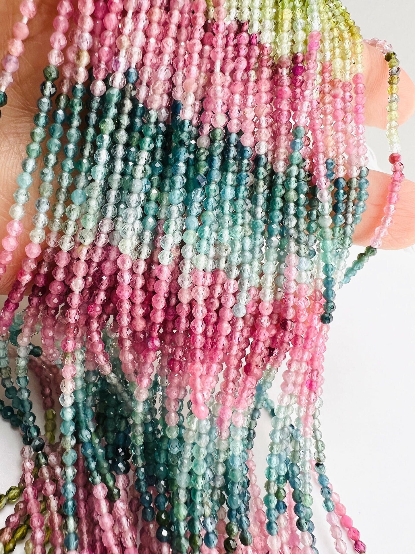 Multi Tourmaline shaded 2mm Faceted Round 12" Strand bead, beautiful pink blue green multi shaded natural watermelon tourmaline bead.