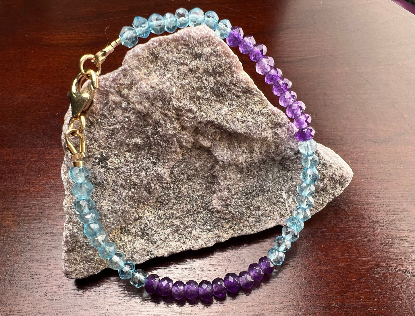 Amethyst, Blue Topaz 4mm Faceted Bracelet in 14k Gold Filled lobster Clasp and Findings, Healing Chakra gift