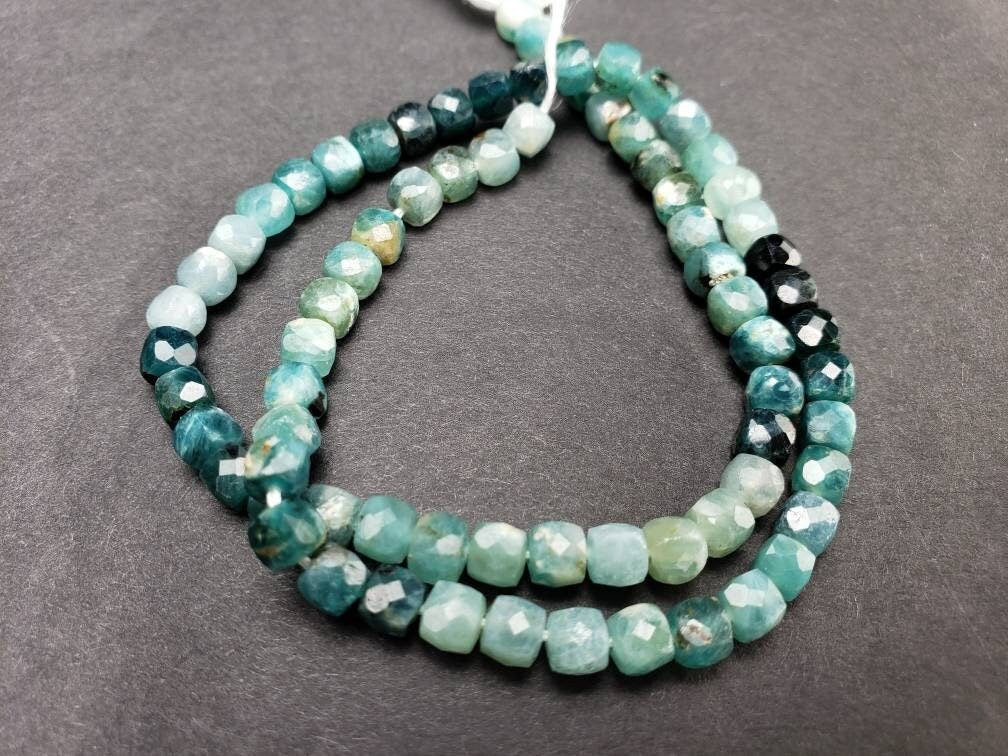 Natural Grandidierite cube shape 4-5mm Faceted teal Green Shaded square dice bead, rare jewelry making beads art deco 6”, 12.25" strand