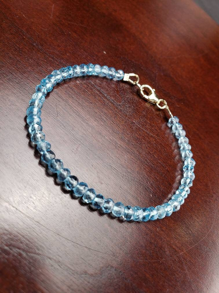 Blue Topaz 4mm Faceted Bracelet in 14k Gold Filled lobster Clasp and findings, Chakra, December Birthstone