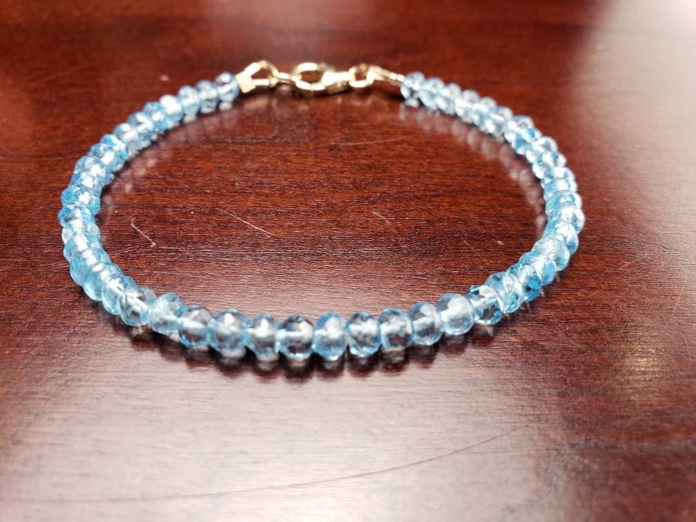 Blue Topaz 4mm Faceted Bracelet in 14k Gold Filled lobster Clasp and findings, Chakra, December Birthstone