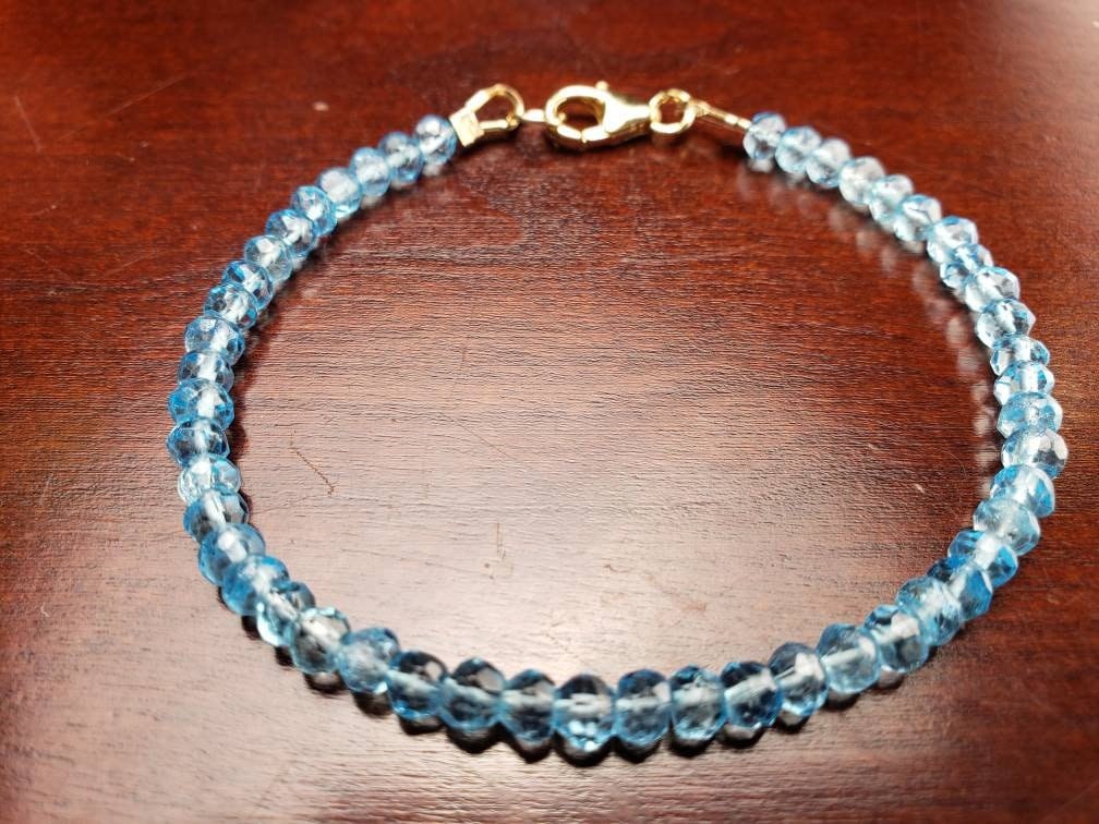 Blue Topaz 4mm Faceted Bracelet in 14k Gold Filled lobster Clasp and findings, Chakra, December Birthstone