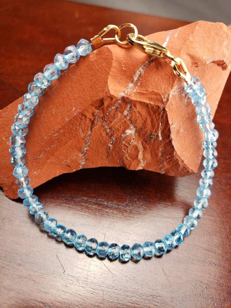 Blue Topaz 4mm Faceted Bracelet in 14k Gold Filled lobster Clasp and findings, Chakra, December Birthstone