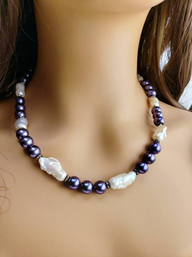 Blue South Sea shell pearl 8mm with Freshwater baroque pearl 20x27mm large, CZ diamond pave clasp Statement necklace, Gift 18"+ 3" Extender