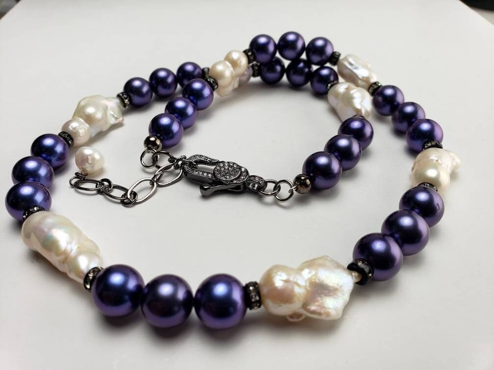 Blue South Sea shell pearl 8mm with Freshwater baroque pearl 20x27mm large, CZ diamond pave clasp Statement necklace, Gift 18"+ 3" Extender
