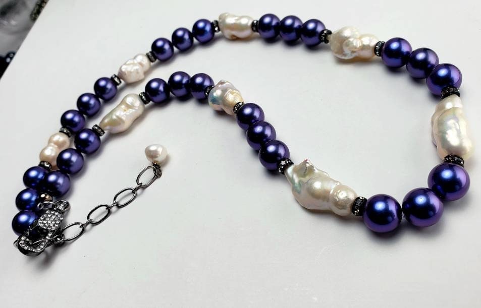 Blue South Sea shell pearl 8mm with Freshwater baroque pearl 20x27mm large, CZ diamond pave clasp Statement necklace, Gift 18"+ 3" Extender
