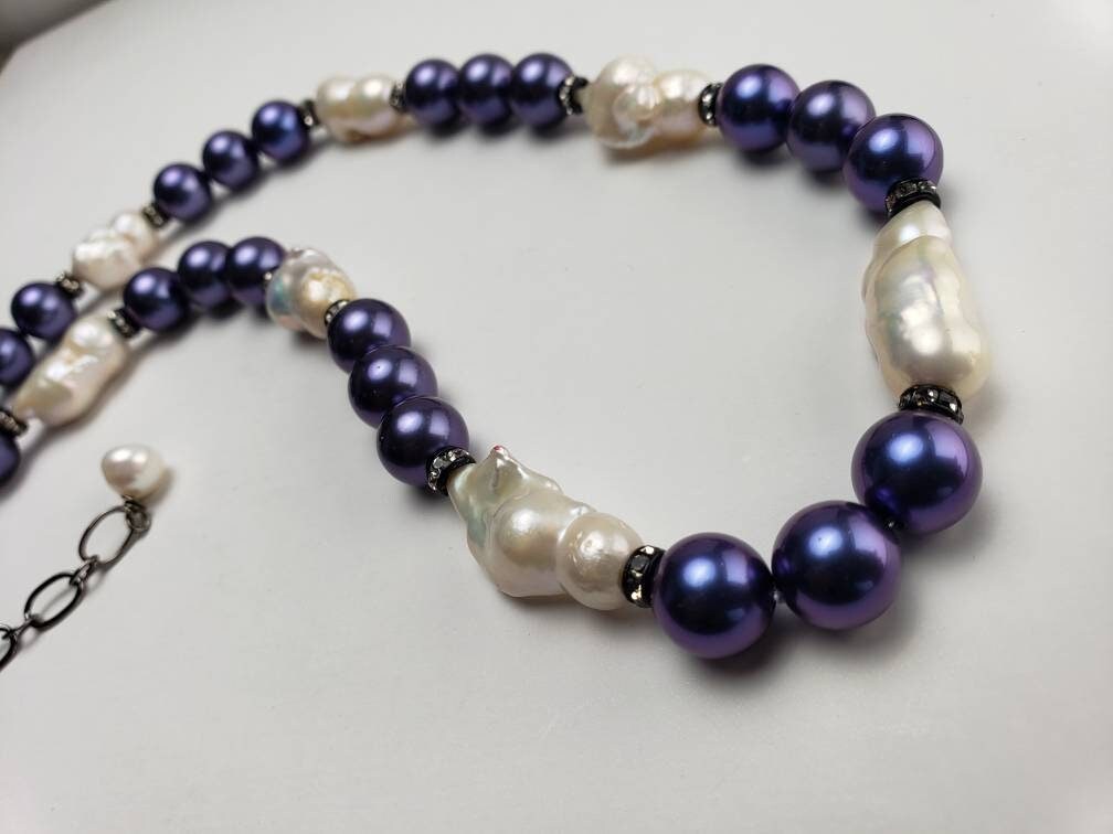Blue South Sea shell pearl 8mm with Freshwater baroque pearl 20x27mm large, CZ diamond pave clasp Statement necklace, Gift 18"+ 3" Extender