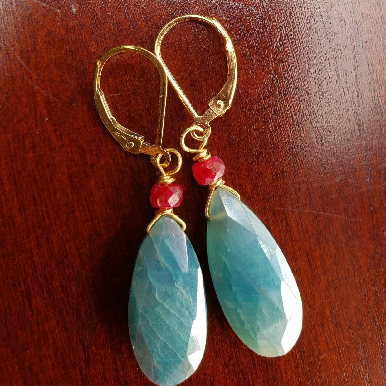 Blue Moonstone Faceted Long Pear Drop 10x21mmWire Wrapped, 4mm Genuine ruby accent 14k Gold Filled or 925 sterling Earring, Elegant Gift