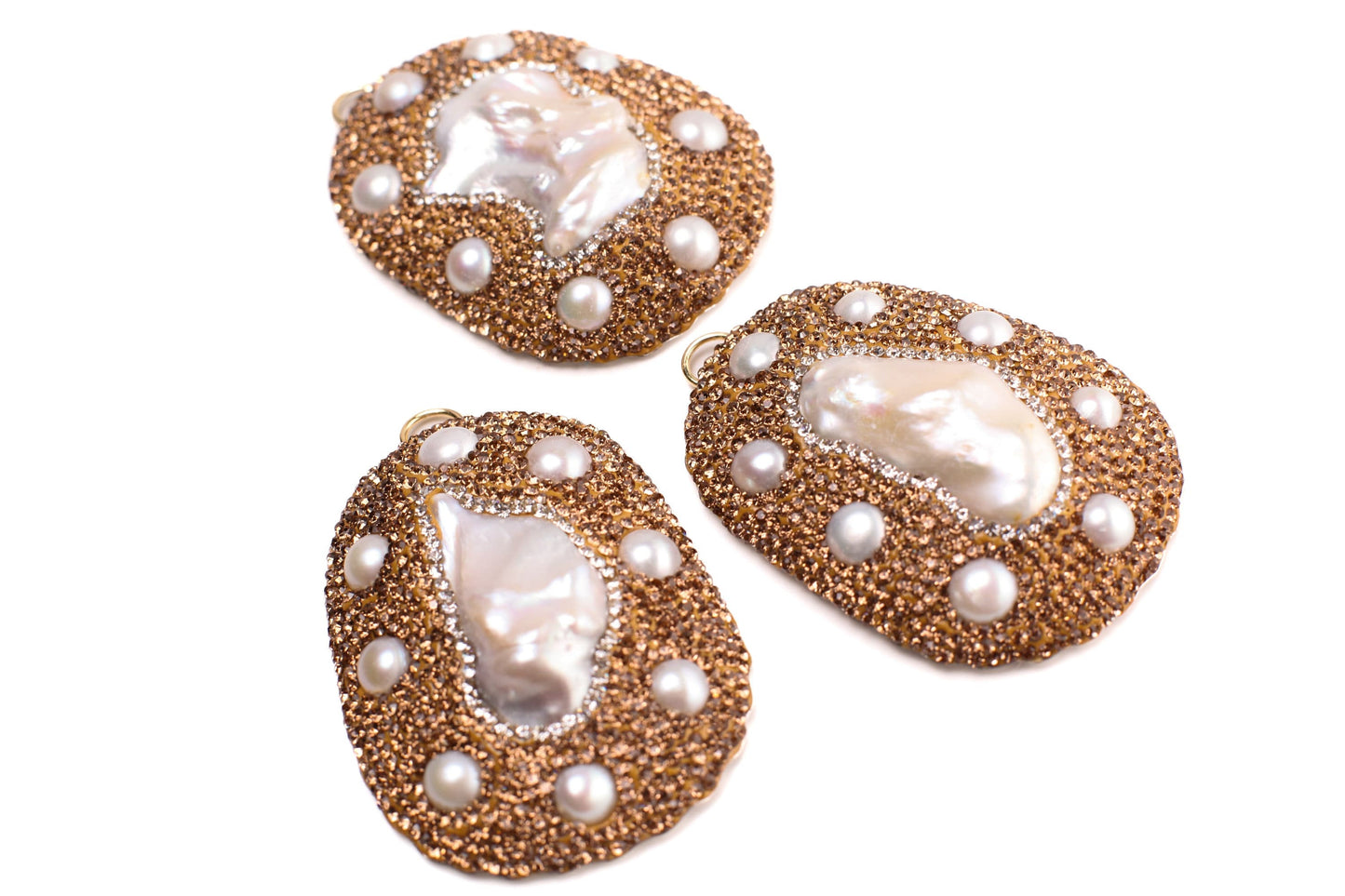 Freshwater Biwa Pearl Pendant, Inlaid Rhinestone Crystal Handmade Fancy Focal Bead, 42x58mm, 1 pc, Jewelry Making Bling Bead