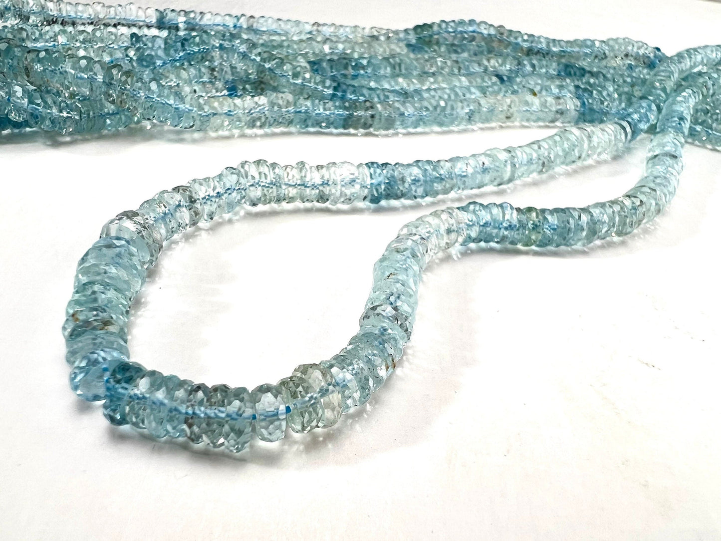 Aquamarine blue shaded Micro Faceted 5-6mmTyre Roundel AAA clear gem quality Rare, Sterling Silver,14k gf Elegant Necklace,18" plus 2" ext
