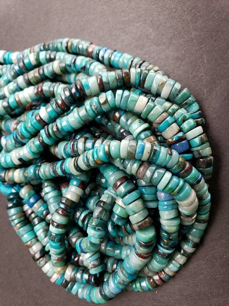 Natural Chrysocola Smooth heishi wheel roundel 6-6.5mm Beautiful blue green AAA Quality quality jewelry making beads. 7.5",15" strand