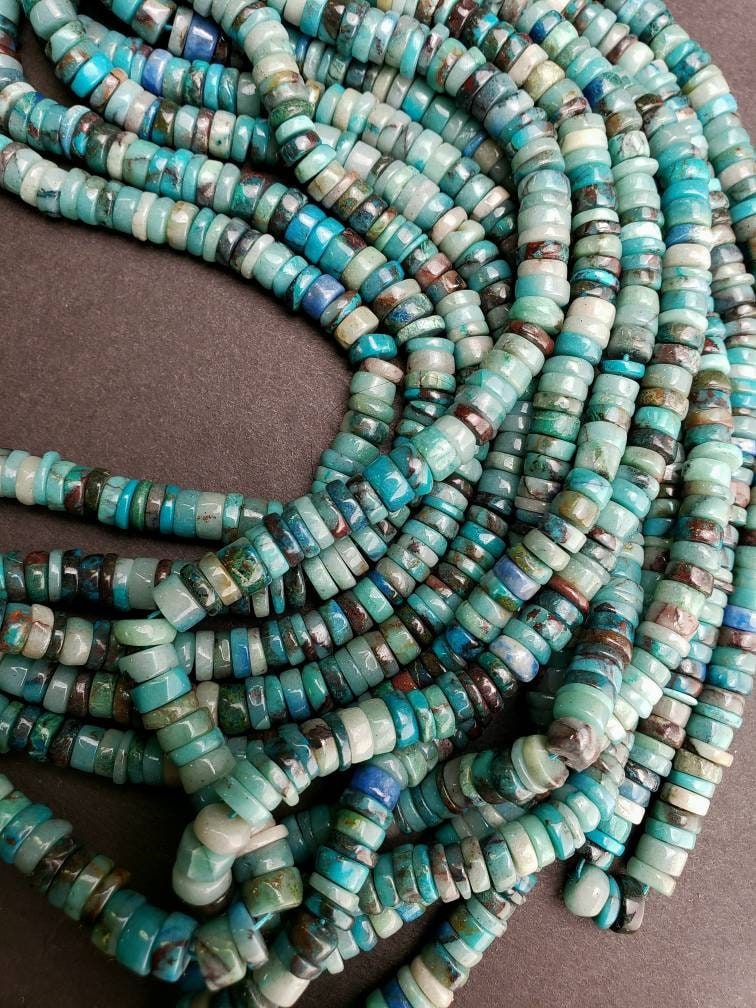 Natural Chrysocola Smooth heishi wheel roundel 6-6.5mm Beautiful blue green AAA Quality quality jewelry making beads. 7.5",15" strand