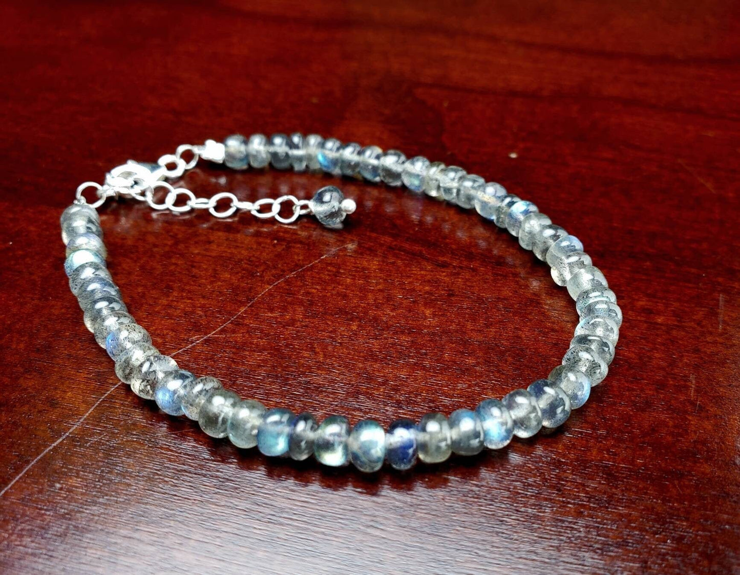 Labradorite Smooth Roundel 4.5mm Blue Flashy 925 Sterling Silver Bracelet with 1" Extender, Gift for Woman, Chakra, Yoga Energy Healing gift