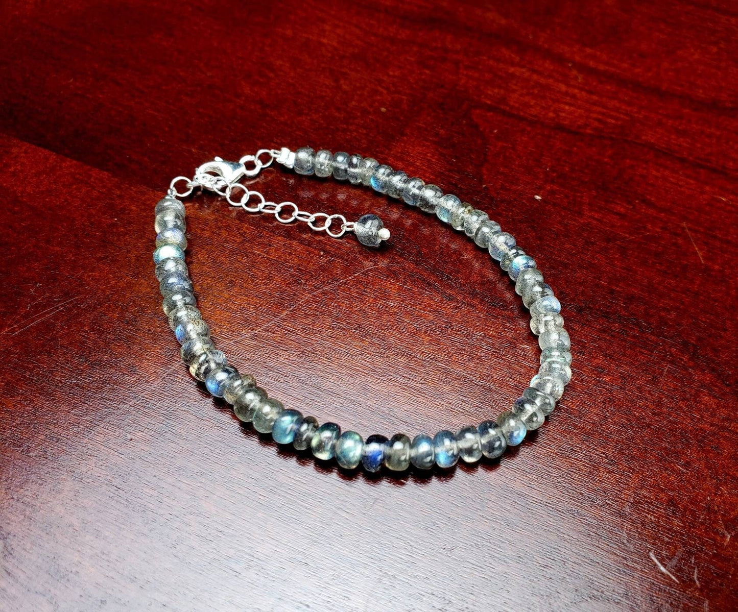 Labradorite Smooth Roundel 4.5mm Blue Flashy 925 Sterling Silver Bracelet with 1" Extender, Gift for Woman, Chakra, Yoga Energy Healing gift
