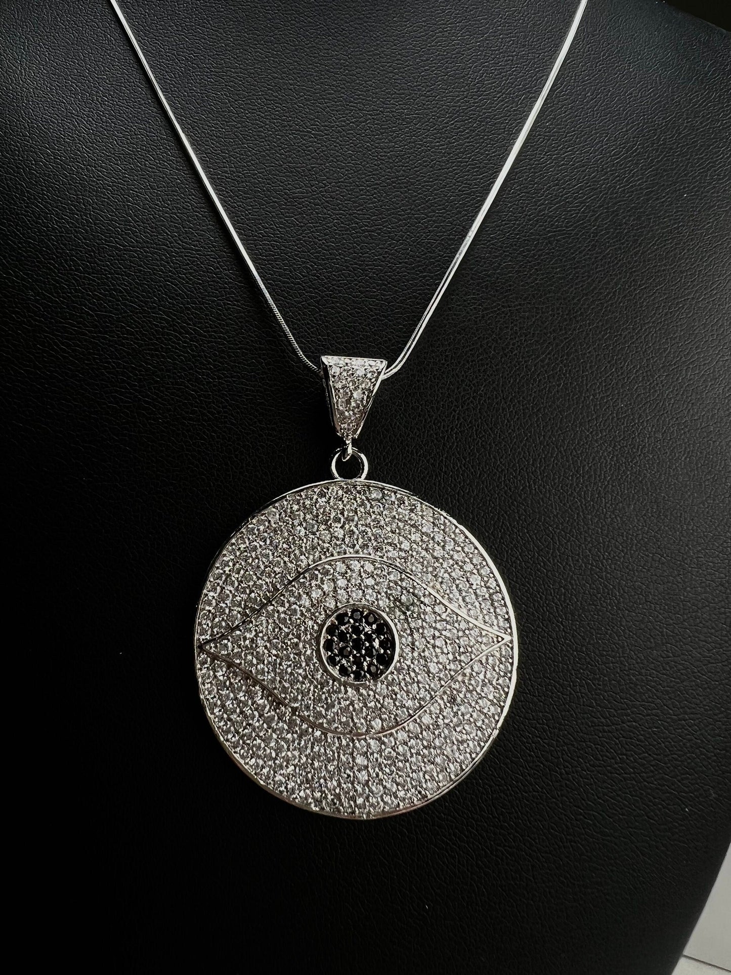 Cubic Zirconia Micro Pave CZ Diamond 32mm large Evil Eye Round Pendant with 925 Sterling Silver or 14K Gold Filled Necklace, Protection
