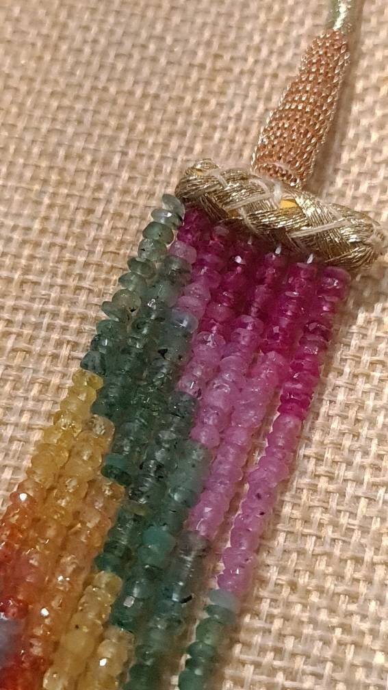 Natural Multi Sapphire 7 Line 3-4mm Graduated Faceted Roundel Gemstone 16.5" with Adjustable thread Necklace