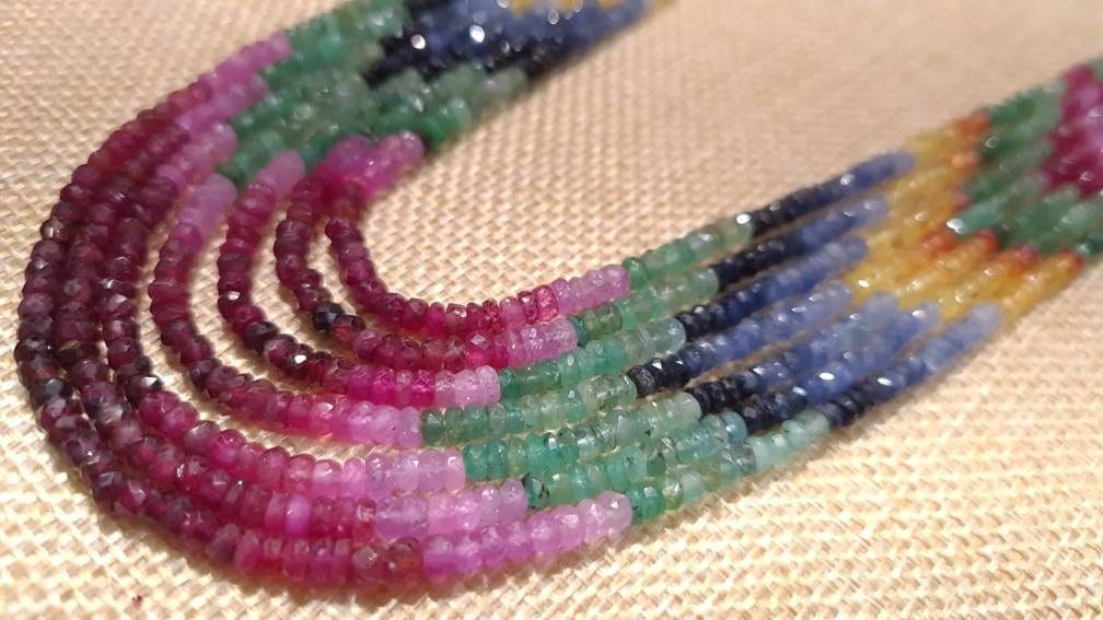 Natural Multi Sapphire 7 Line 3-4mm Graduated Faceted patterned Roundel Gemstone AAA quality 16.5" plus Adjustable thread Necklace,