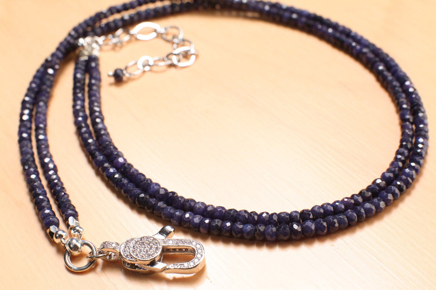 2 Line Sapphire Gemstone Faceted Roundel 4mm Statement Necklace,Adjustable CZ Rhodium Lobster Clasp, 16" - 17" plus 3" extent to 20"