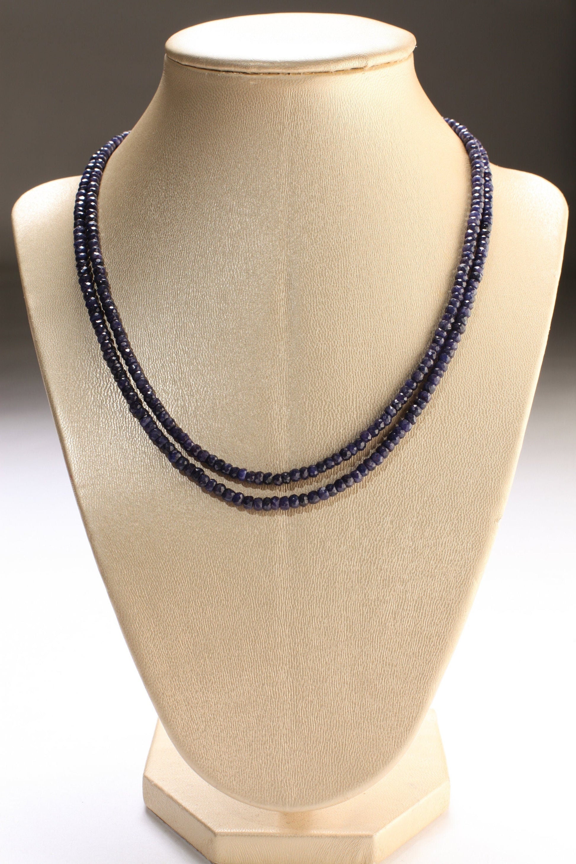 2 Line Sapphire Gemstone Faceted Roundel 4mm Statement Necklace,Adjustable CZ Rhodium Lobster Clasp, 16" - 17" plus 3" extent to 20"
