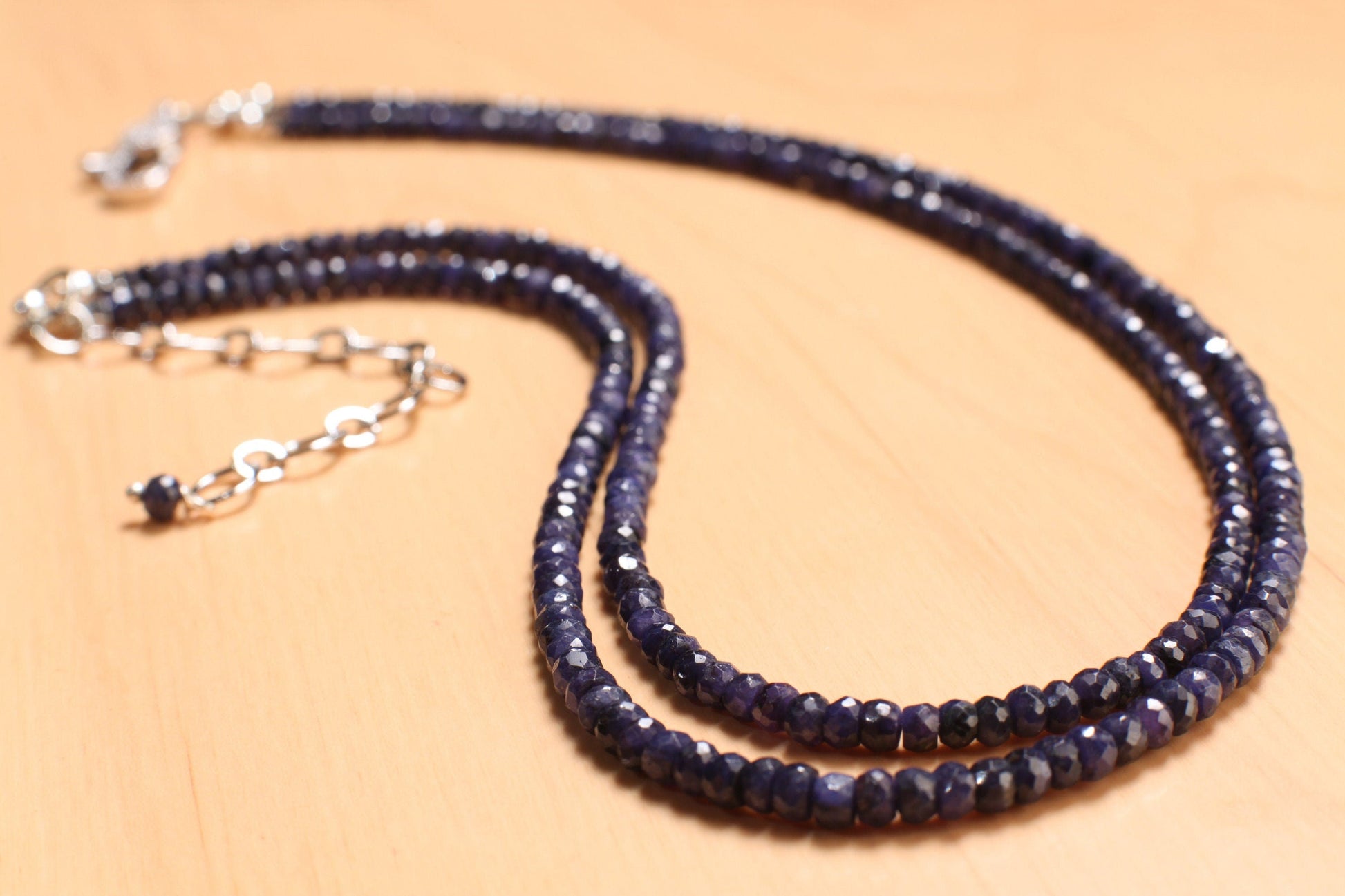 2 Line Sapphire Gemstone Faceted Roundel 4mm Statement Necklace,Adjustable CZ Rhodium Lobster Clasp, 16" - 17" plus 3" extent to 20"