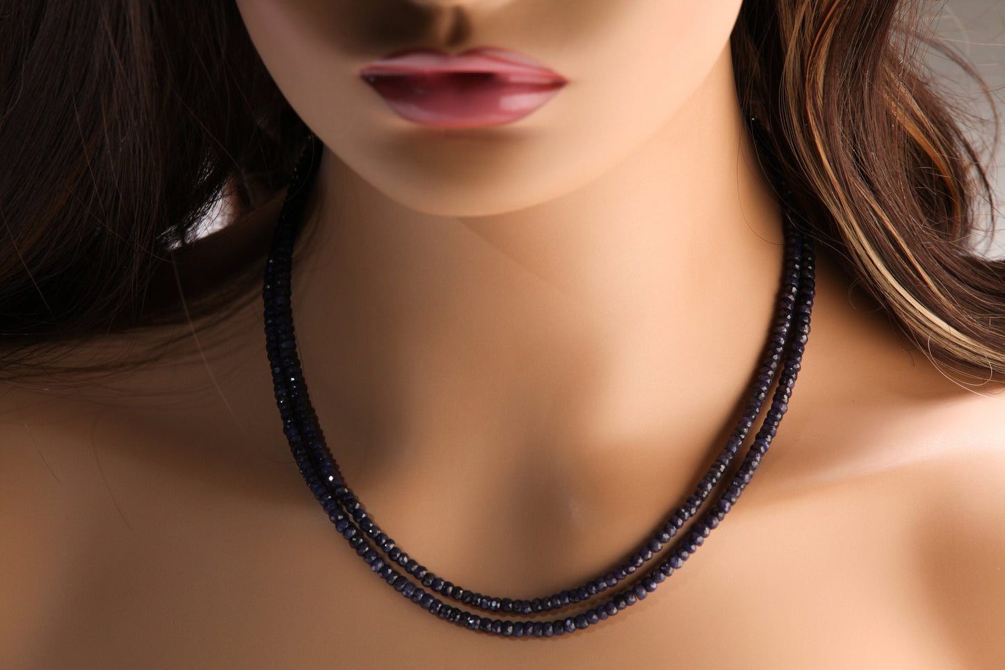 2 Line Sapphire Gemstone Faceted Roundel 4mm Statement Necklace,Adjustable CZ Rhodium Lobster Clasp, 16" - 17" plus 3" extent to 20"